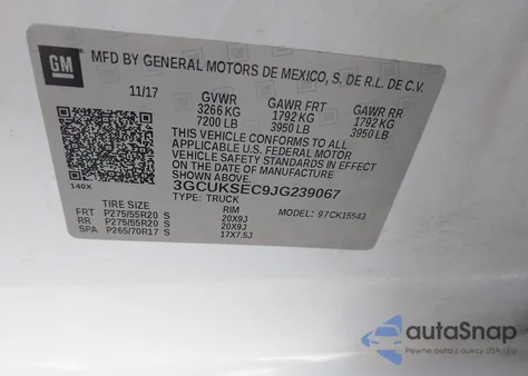 2018 Chevrolet Silverado 1500 1Lz z USA, uszkodzony, nr VIN 3GCUKSEC9JG239067